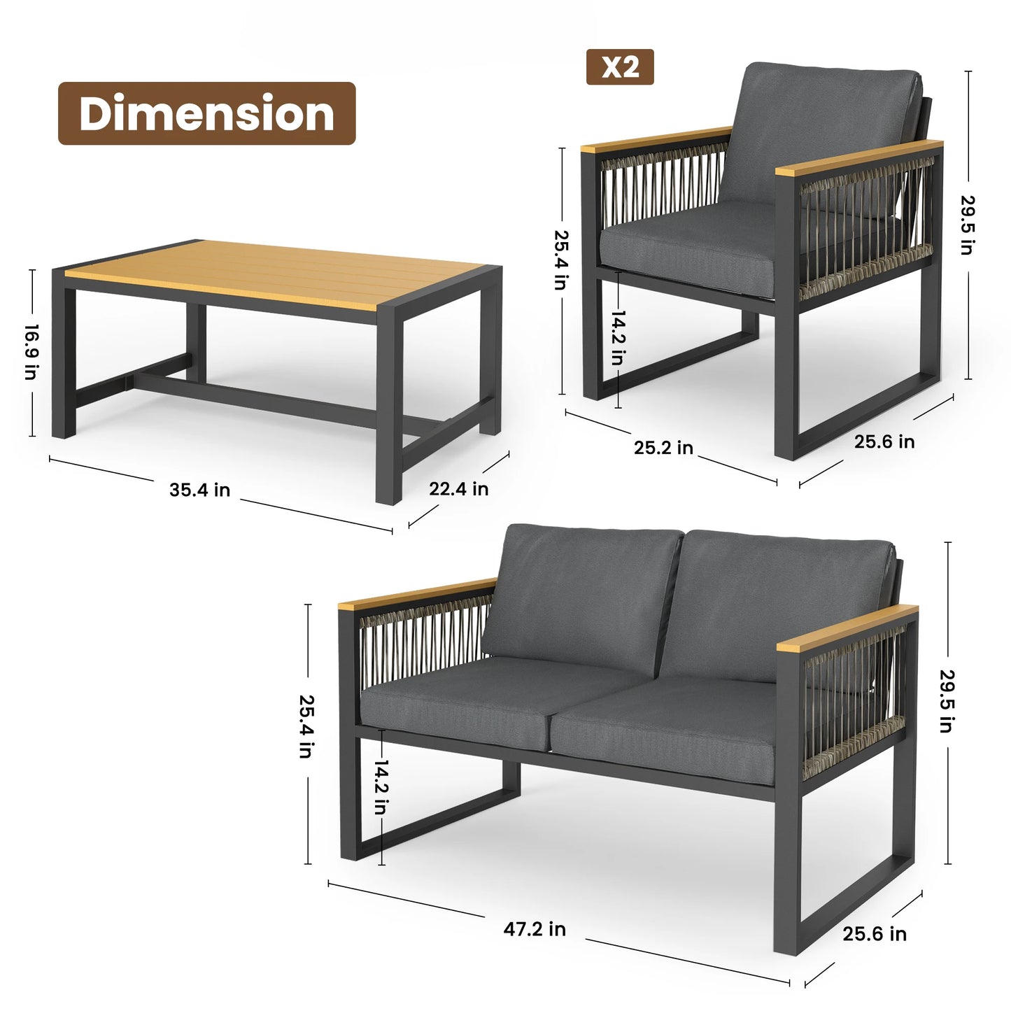 Outdoor Patio Furniture Set With Wicker Handrails All Weather