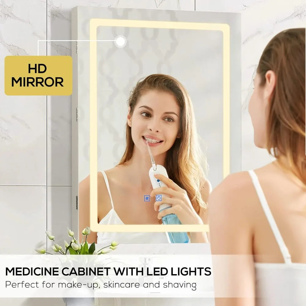 Anti-Fog Lighted Bathroom Medicine Mirror Cabinet, Medicine Cabinet with Mirror and Lights, Dimmable, Adjustable Shelves