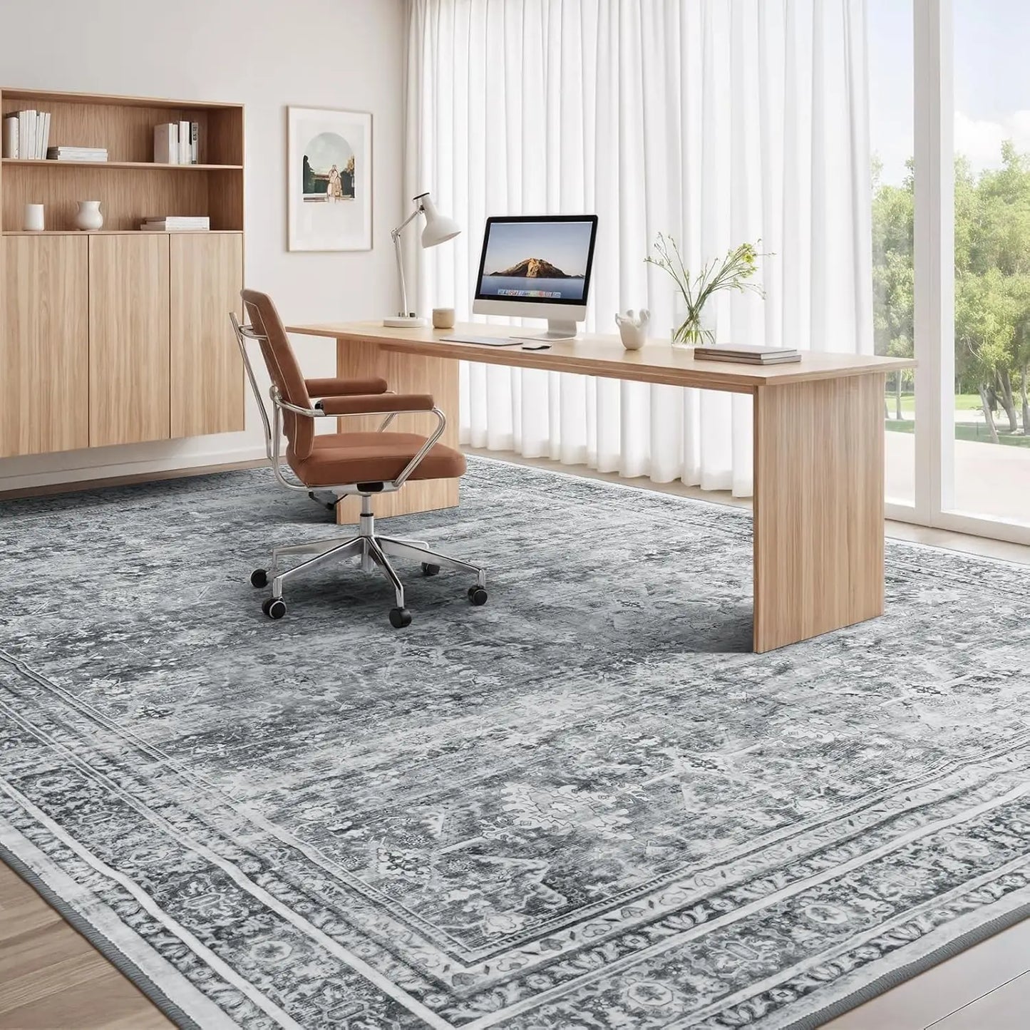 Washable Area Rug With Non-Slip Backing And Floral Design