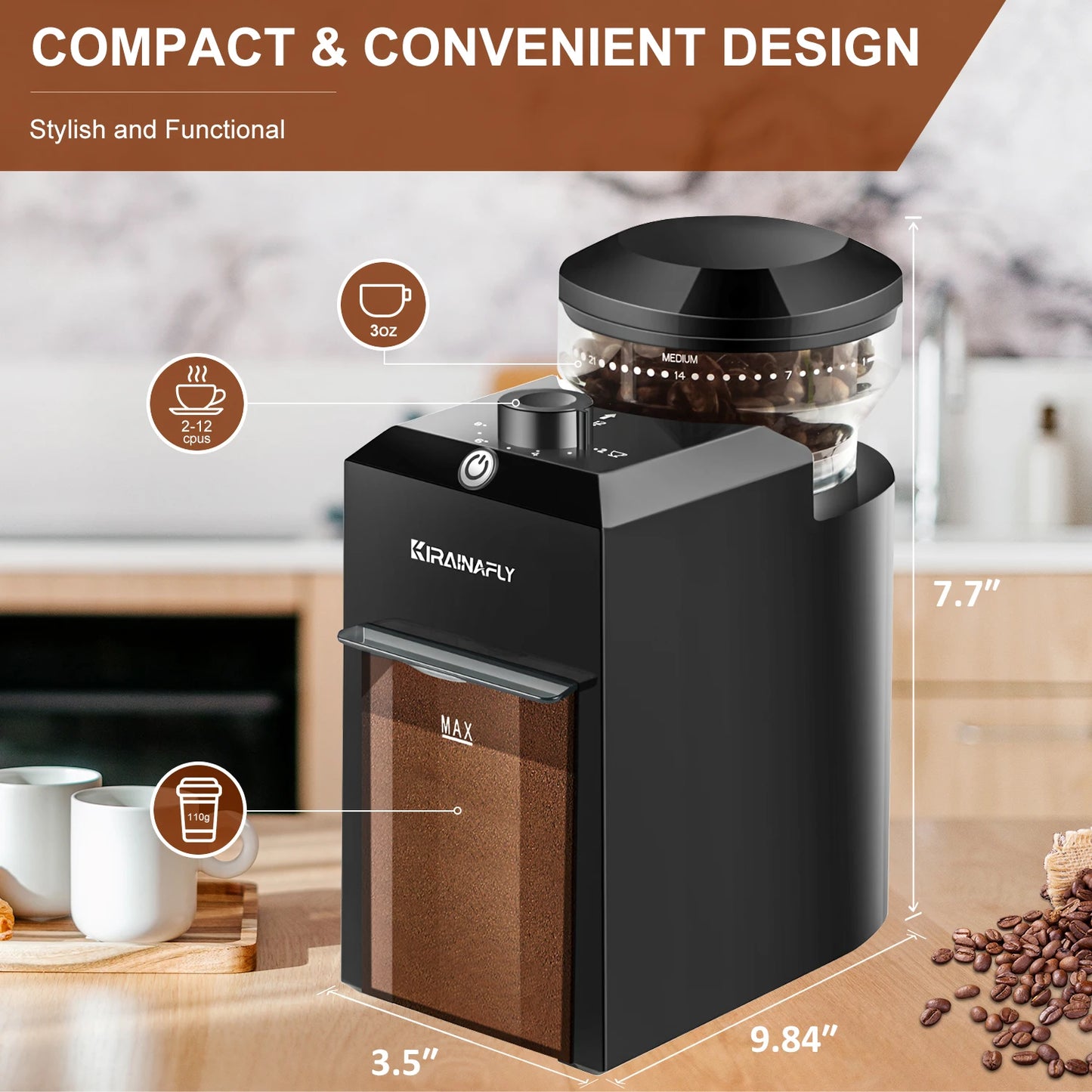 KIRAINAFLY Automatic Burr Coffee Grinder With Adjustable Grinding Levels