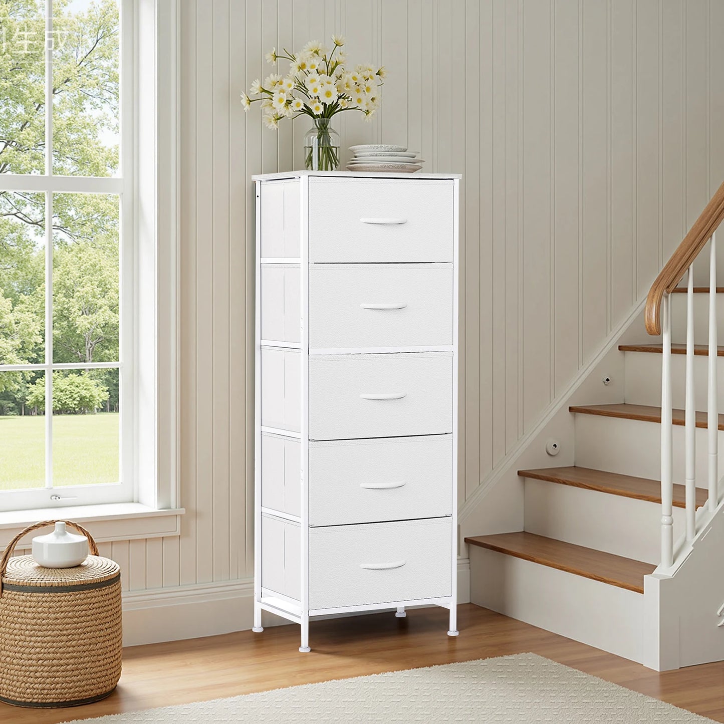 JHK Modern Dresser With Five Fabric Drawers And Nightstand