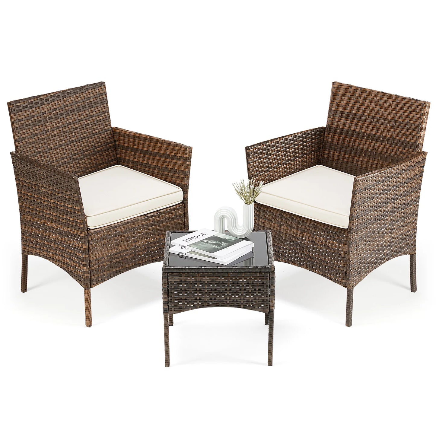 JHK Outdoor Rattan Patio Furniture Set With Wicker Chairs And Glass Table