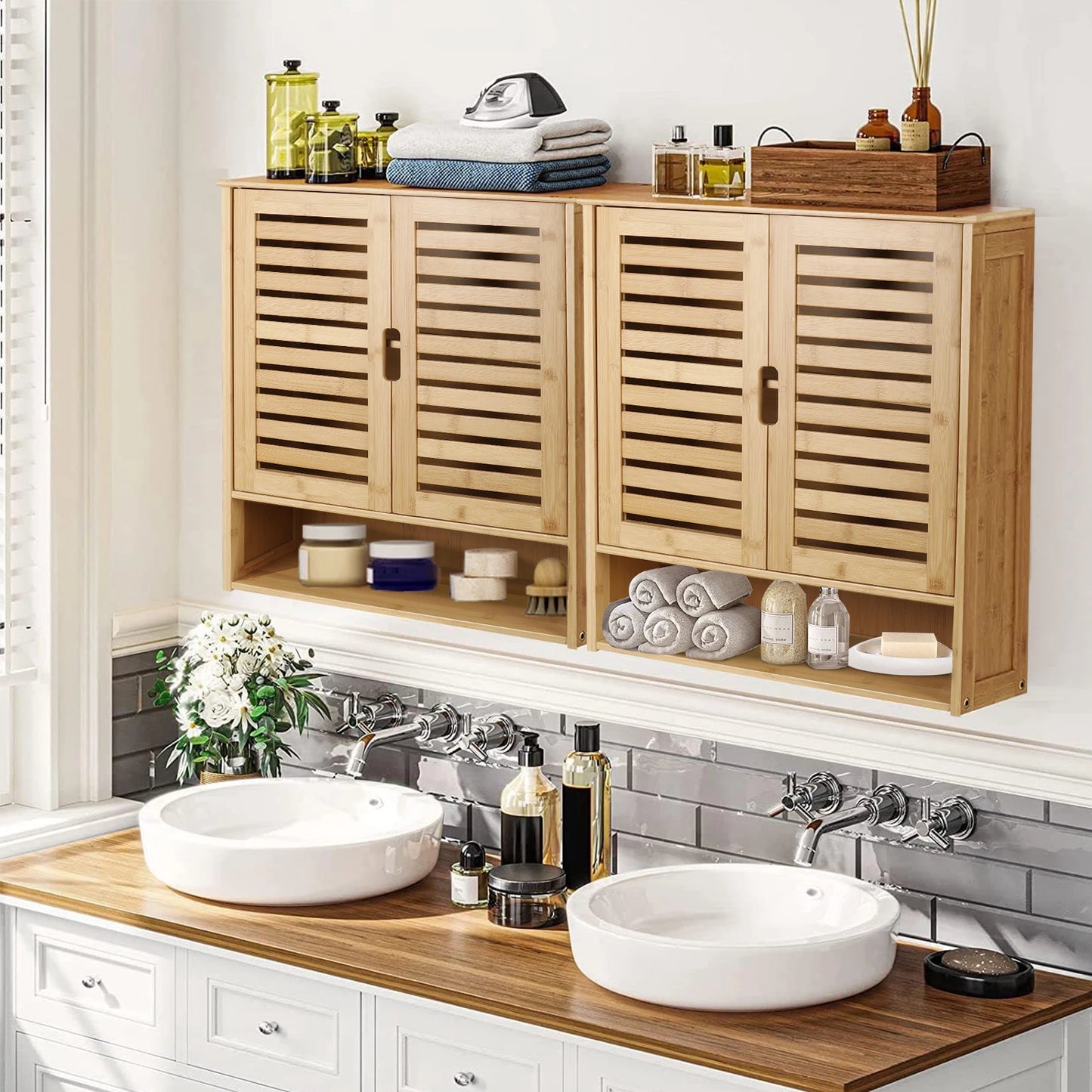 Wisfor Wall Mounted Bamboo Bathroom Cabinet Storage Organizer
