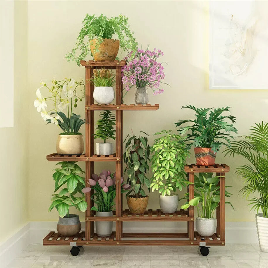 Wisfor Five Tier Wood Plant Stand Rack With Wheels