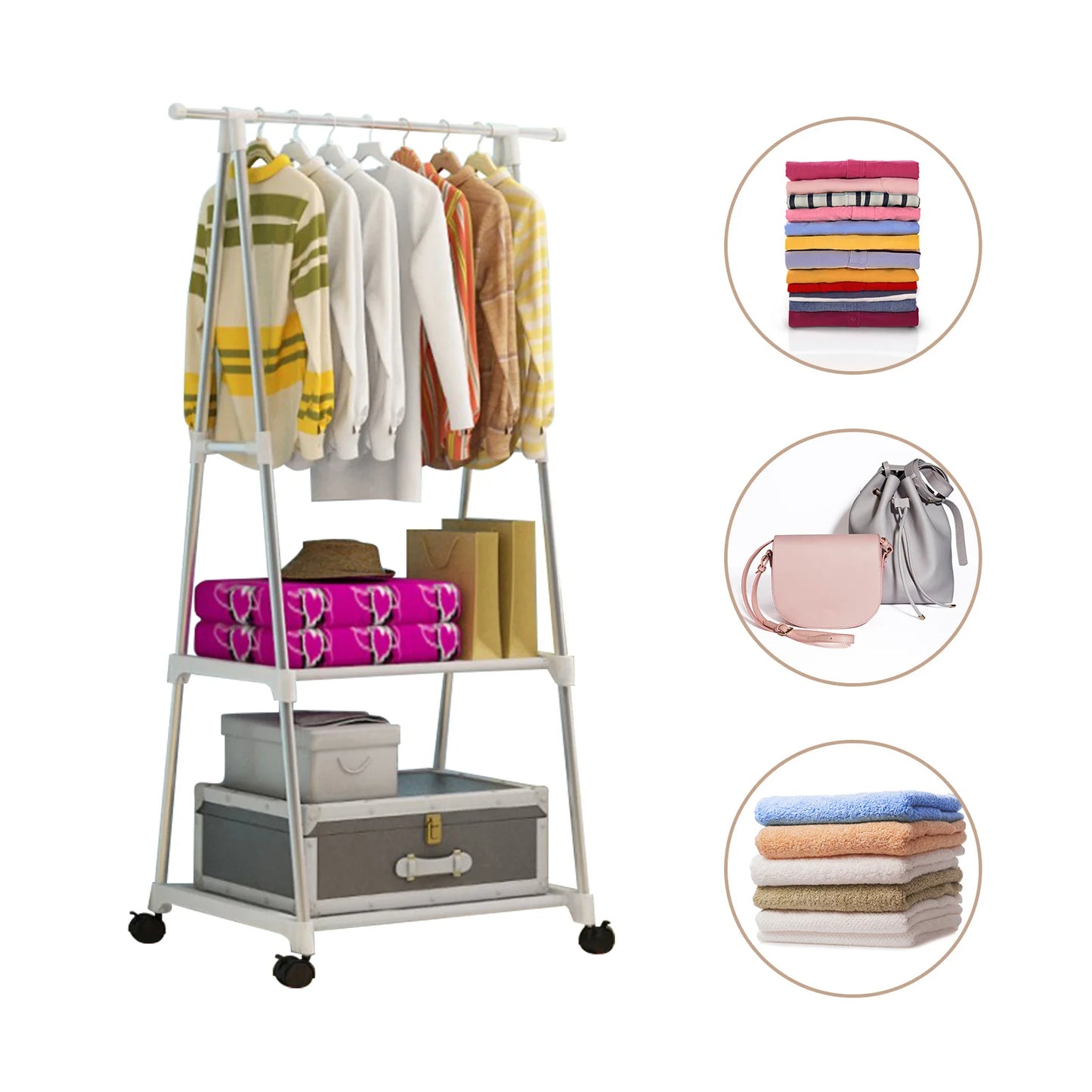 Stainless Steel 2-Tier Clothes Rack With Wheels And Hooks