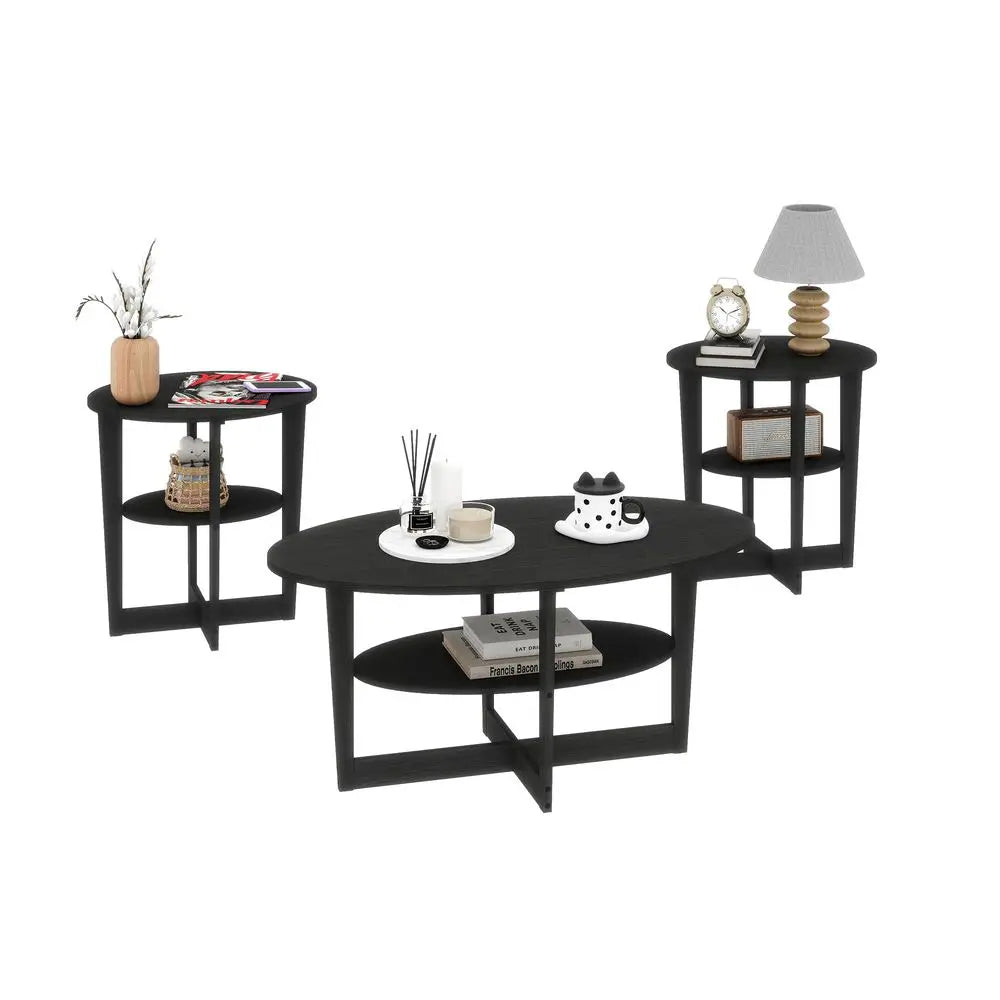 Wooden Coffee Table Set With Round End Tables