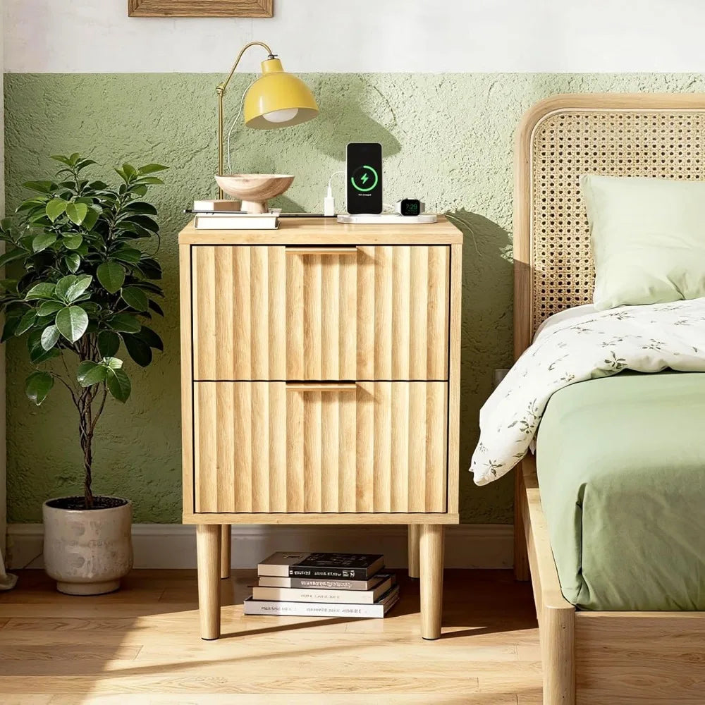 Nightstand With Charging Station And LED Light Mid Century Modern