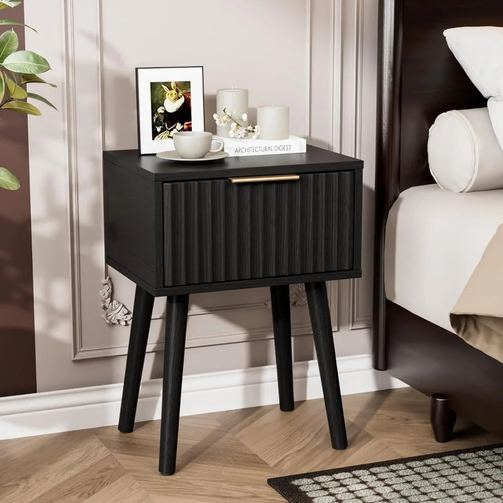 Nightstand With Charging Station And LED Light Mid Century Modern