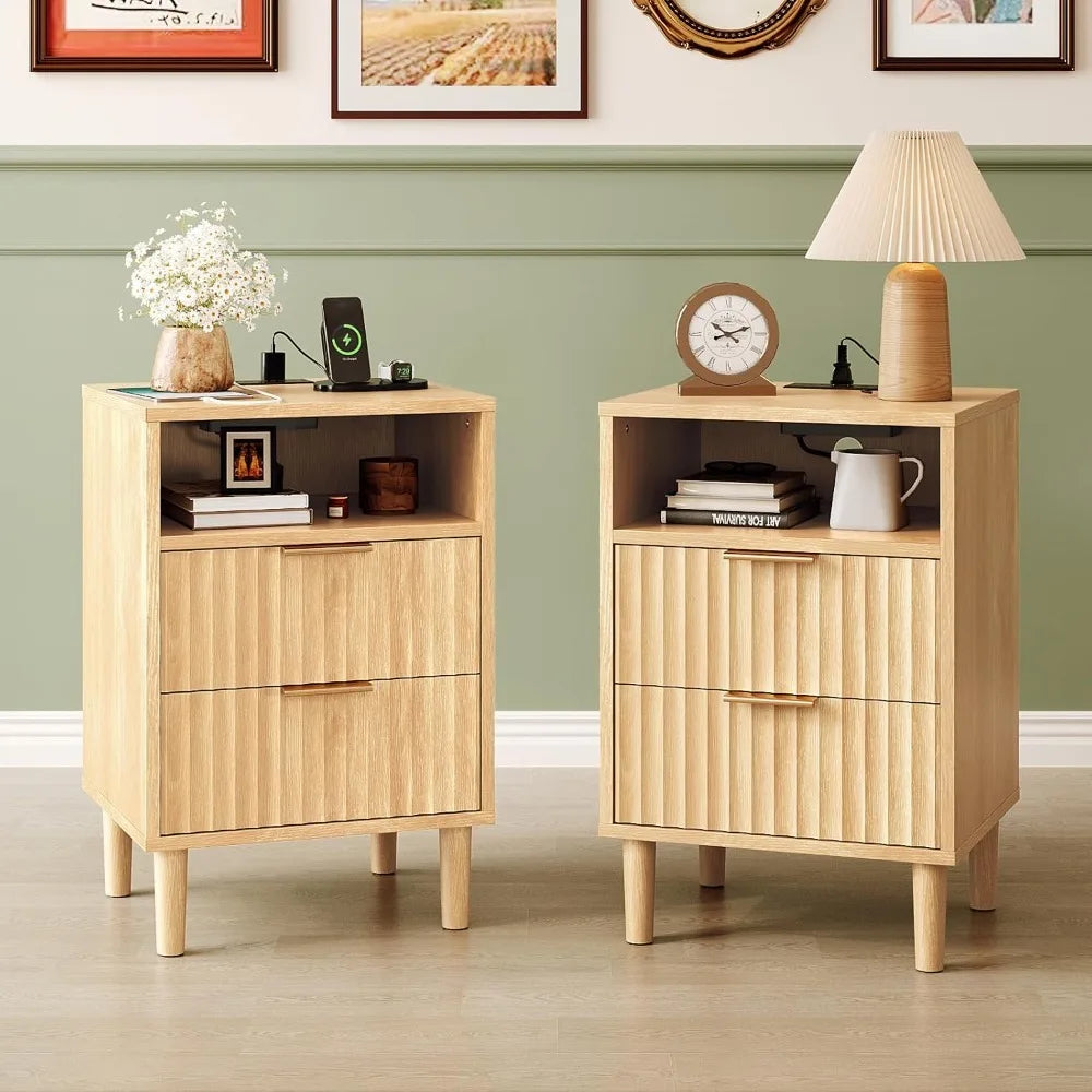 Nightstand With Charging Station And LED Light Mid Century Modern