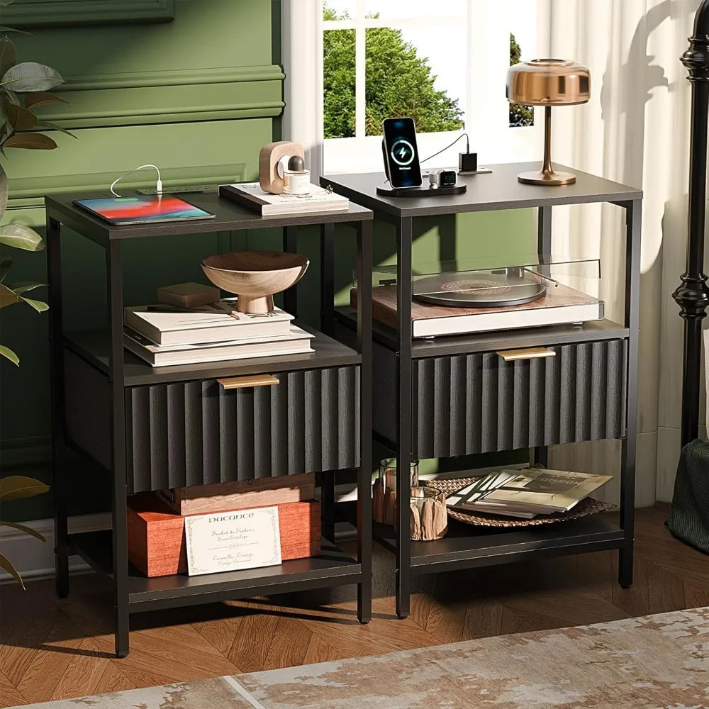 Nightstand With Charging Station And LED Light Mid Century Modern