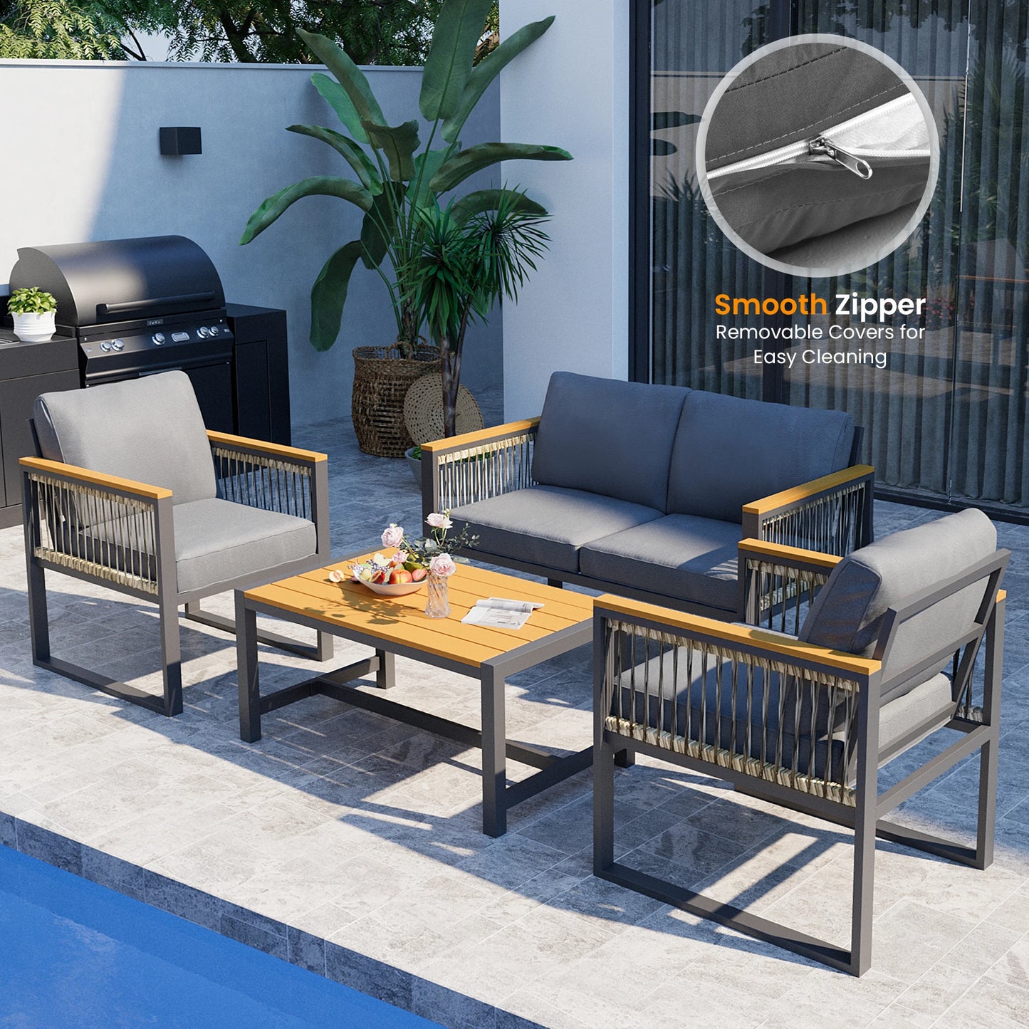 Outdoor Patio Furniture Set With Wicker Handrails All Weather
