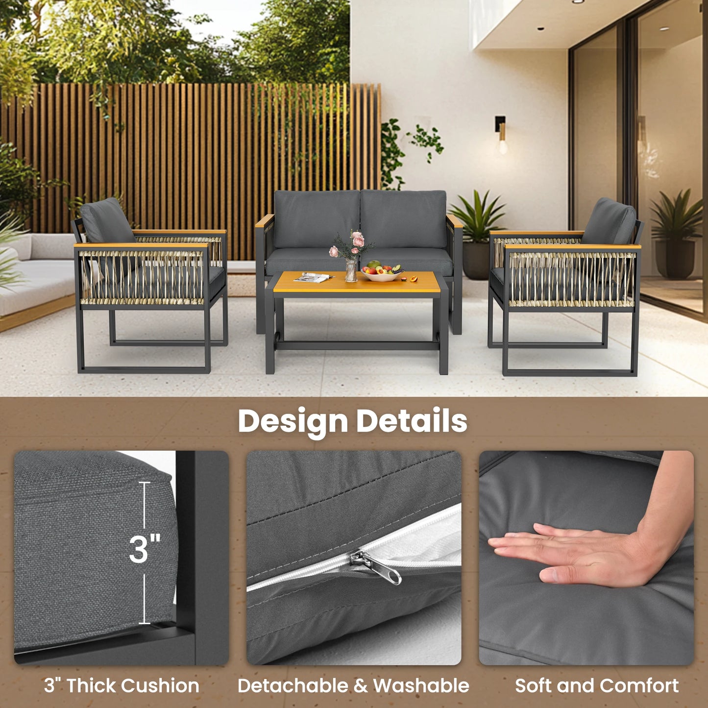 Outdoor Patio Furniture Set With Wicker Handrails All Weather