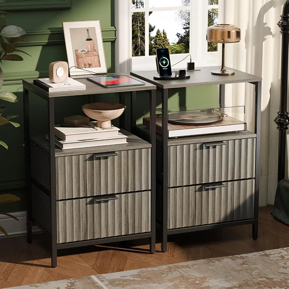 Nightstand With Charging Station And LED Light Mid Century Modern