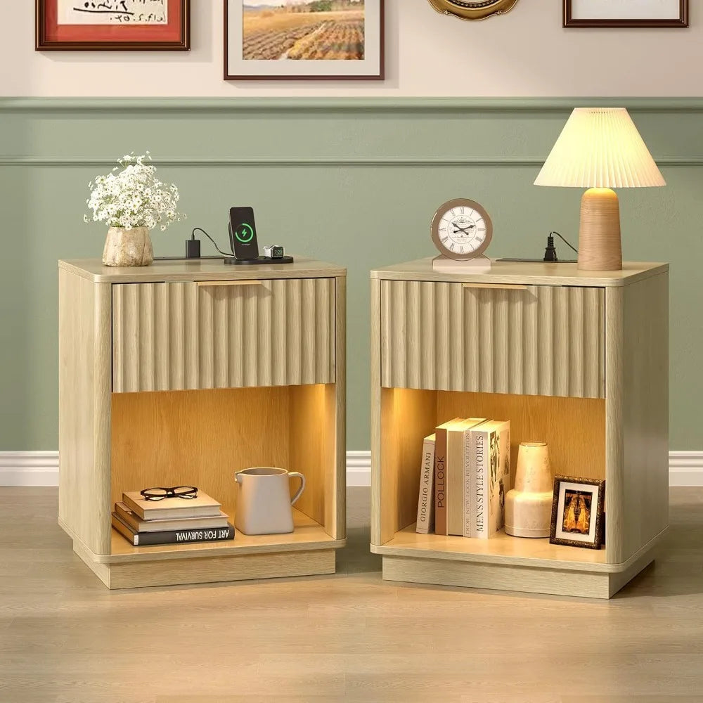 Nightstand With Charging Station And LED Light Mid Century Modern