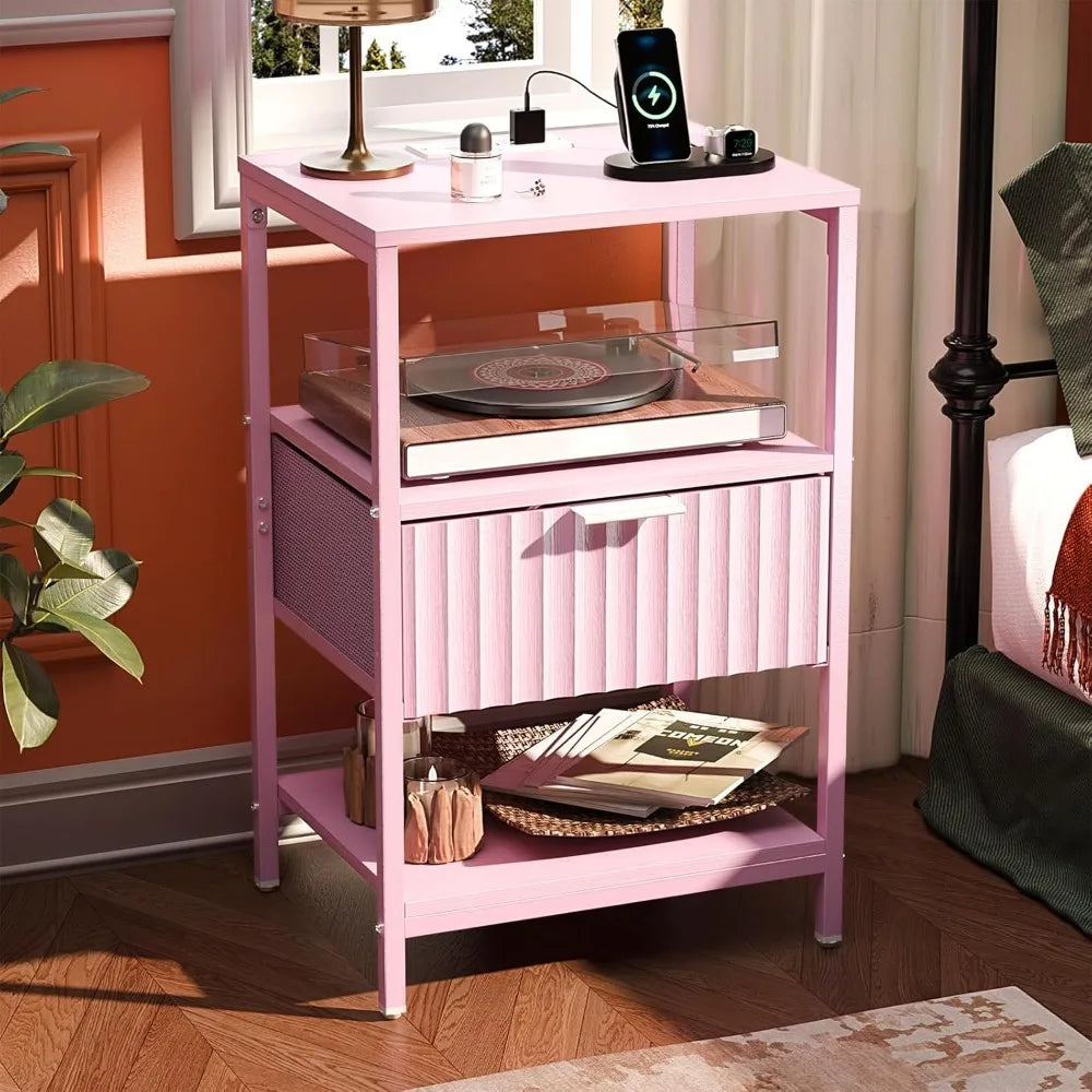 Nightstand With Charging Station And LED Light Mid Century Modern