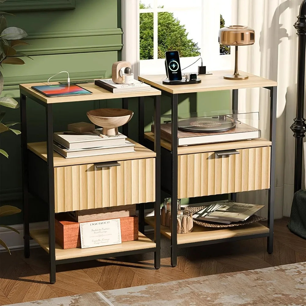 Nightstand With Charging Station And LED Light Mid Century Modern