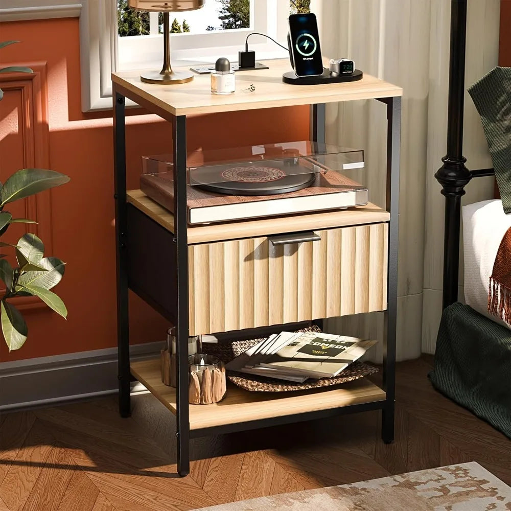 Nightstand With Charging Station And LED Light Mid Century Modern