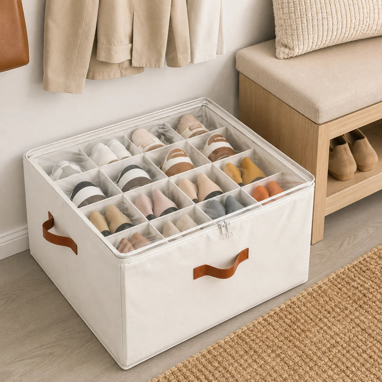 Foldable Shoe Storage Organizer With Clear Cover And Compartments