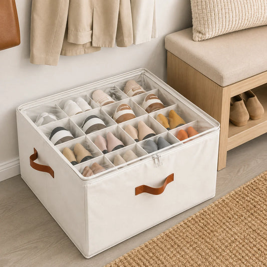 Foldable Shoe Storage Organizer With Clear Cover And Compartments