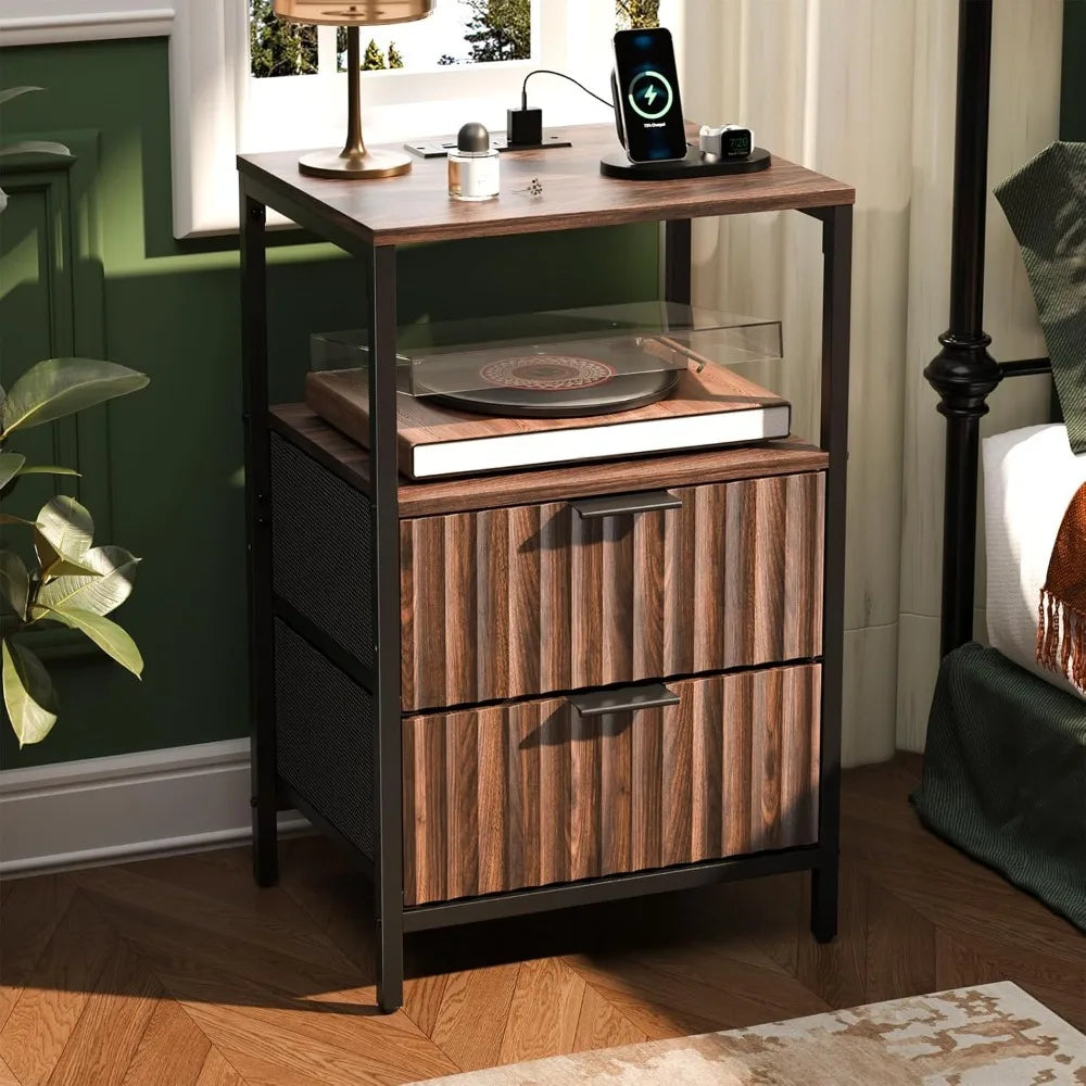 Nightstand With Charging Station And LED Light Mid Century Modern