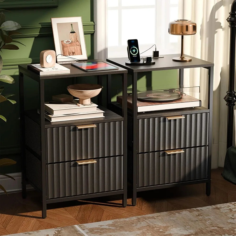 Nightstand With Charging Station And LED Light Mid Century Modern