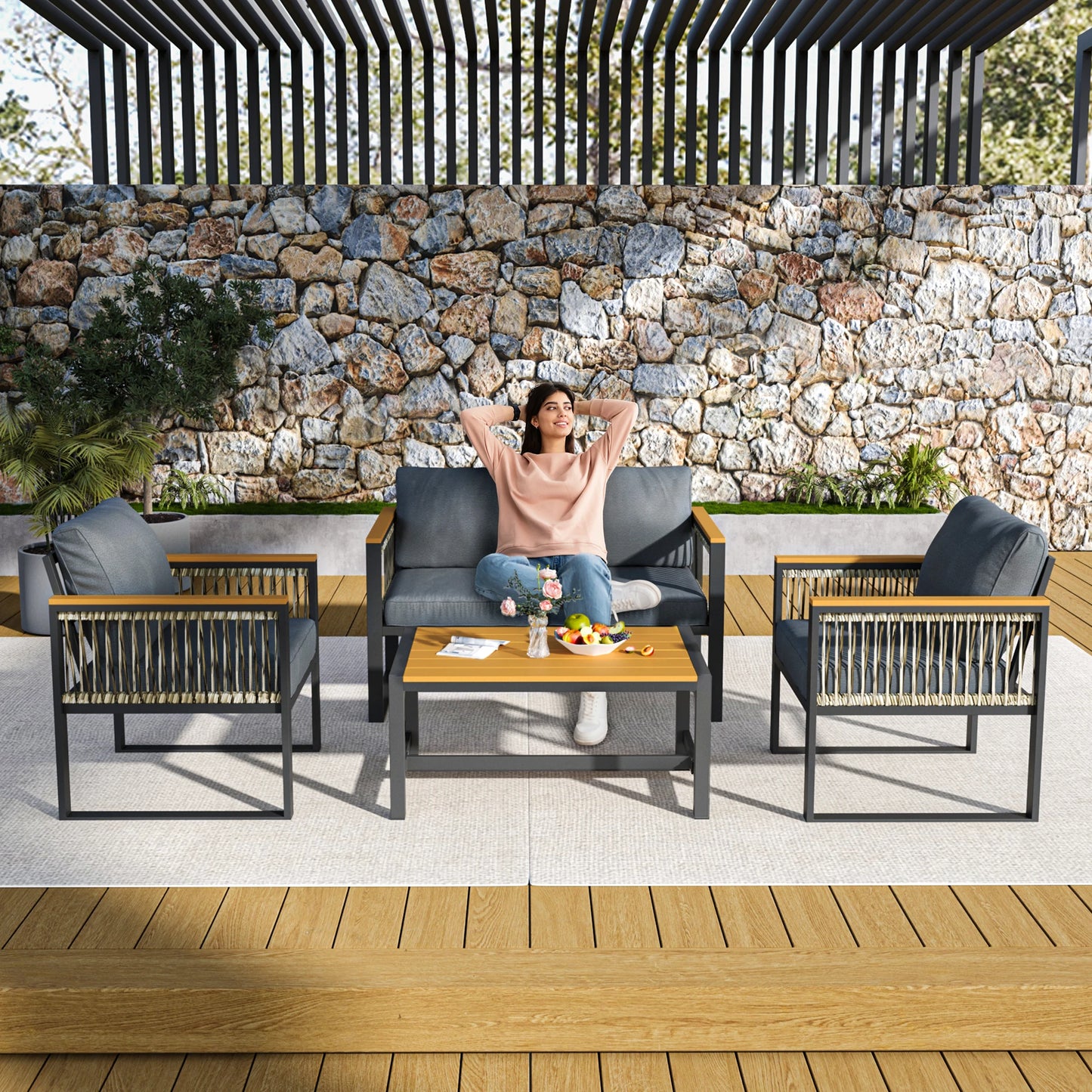 Outdoor Patio Furniture Set With Wicker Handrails All Weather