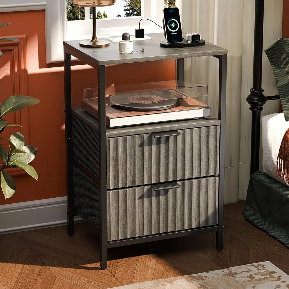 Nightstand With Charging Station And LED Light Mid Century Modern