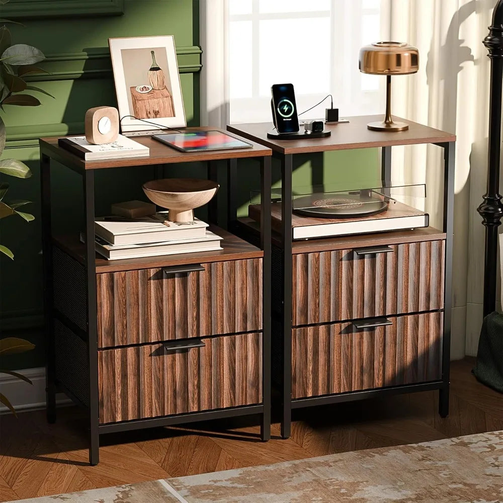 Nightstand With Charging Station And LED Light Mid Century Modern
