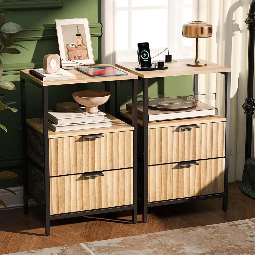 Nightstand With Charging Station And LED Light Mid Century Modern