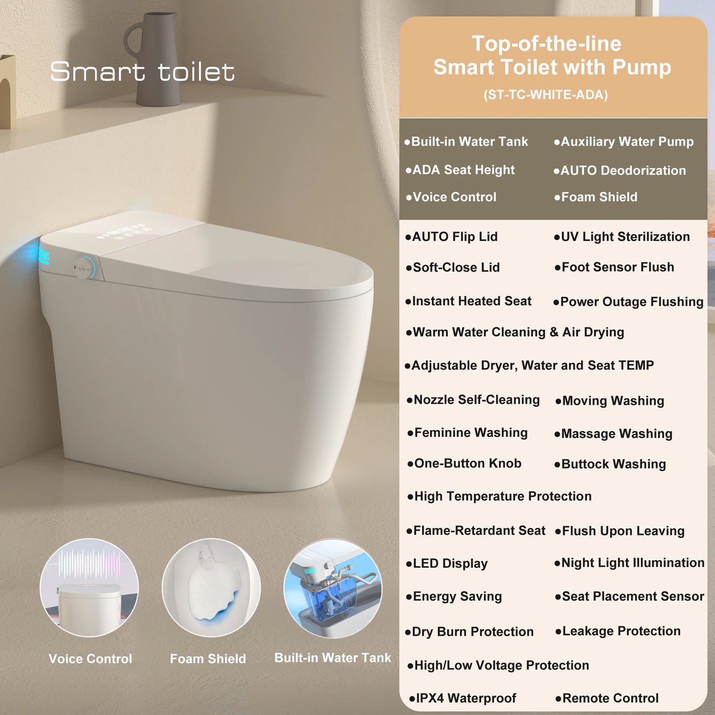Smart Toilet With Built In Bidet And Heated Seat Automatic Open Close Dual Flush