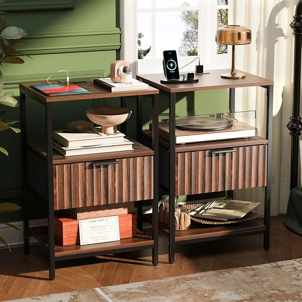 Nightstand With Charging Station And LED Light Mid Century Modern