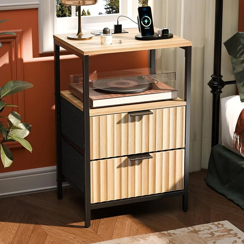Nightstand With Charging Station And LED Light Mid Century Modern