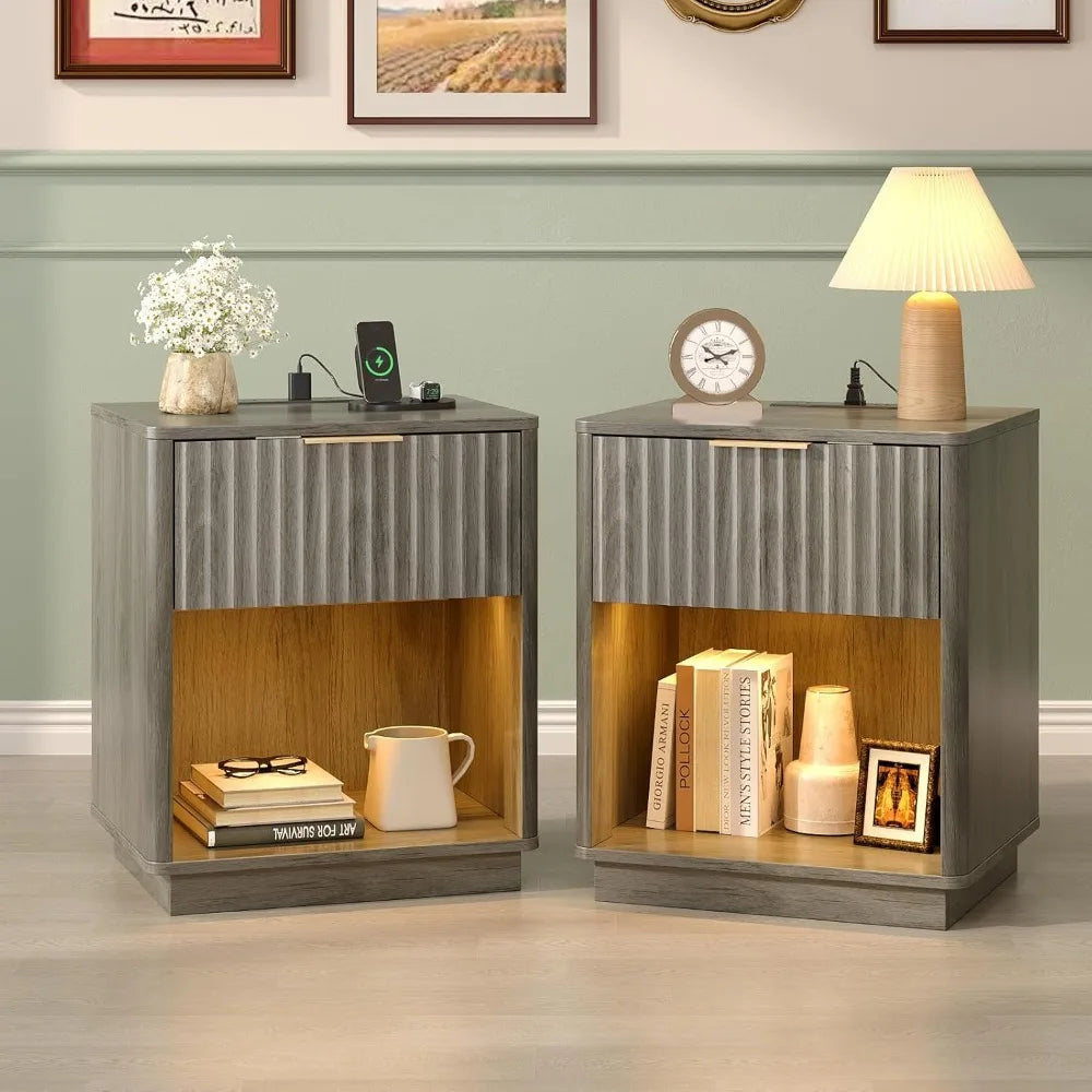 Nightstand With Charging Station And LED Light Mid Century Modern
