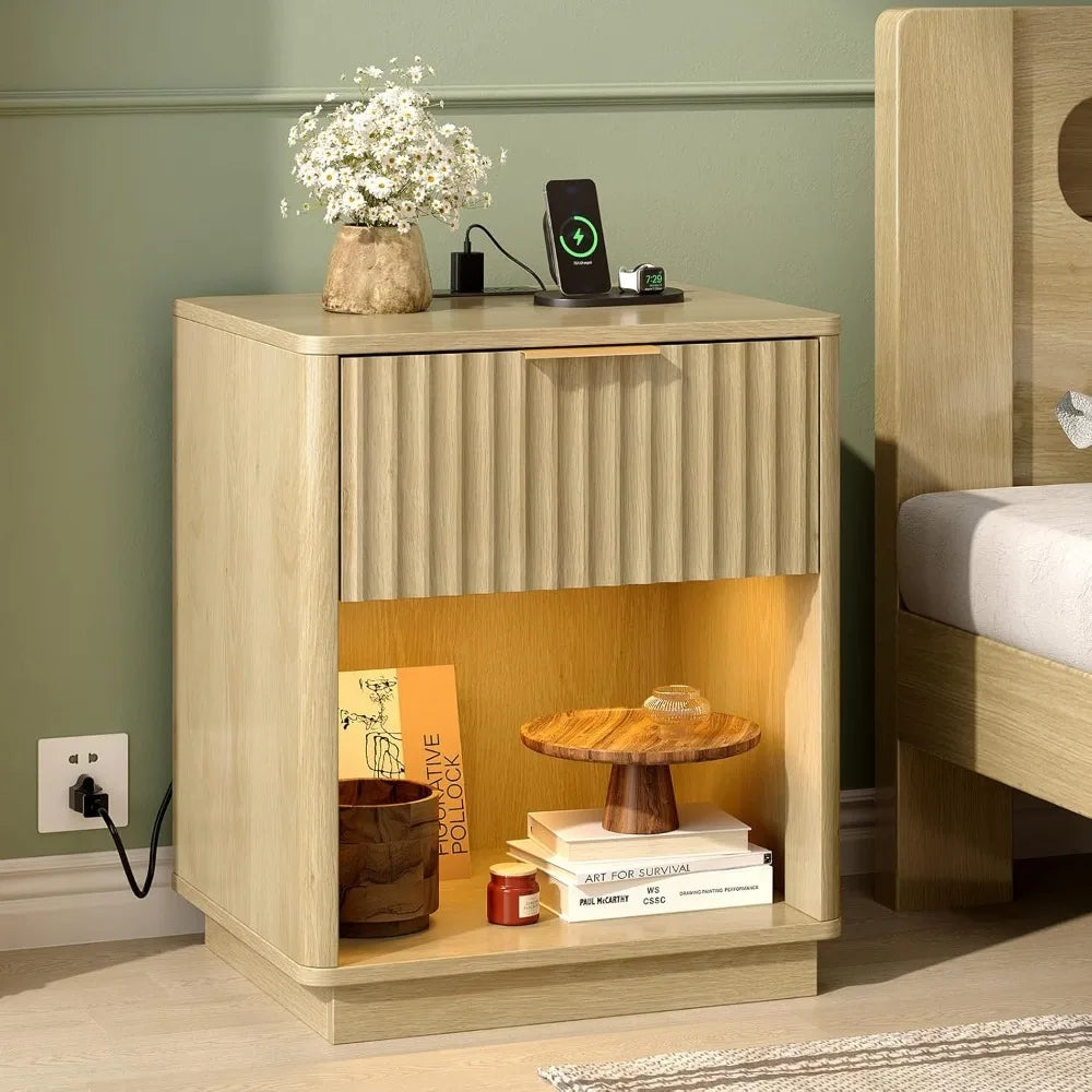 Nightstand With Charging Station And LED Light Mid Century Modern