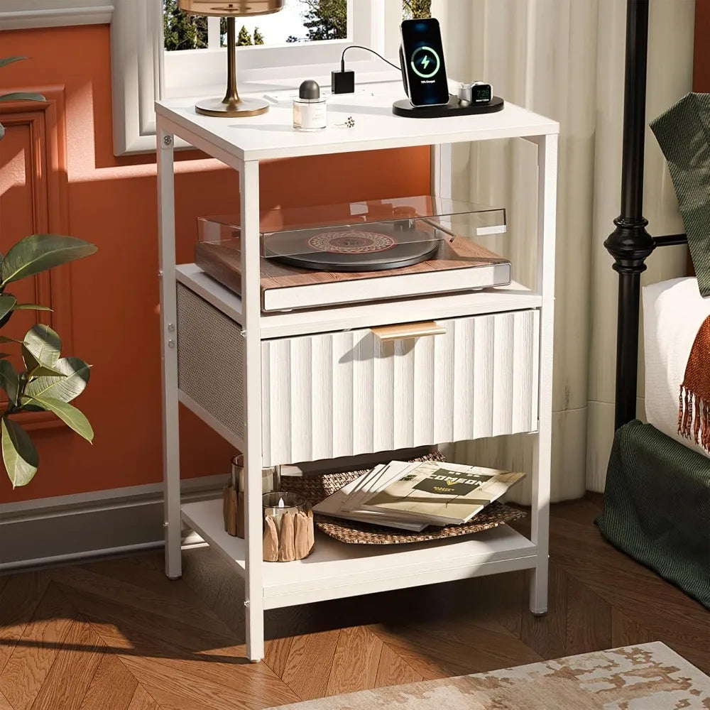 Nightstand With Charging Station And LED Light Mid Century Modern