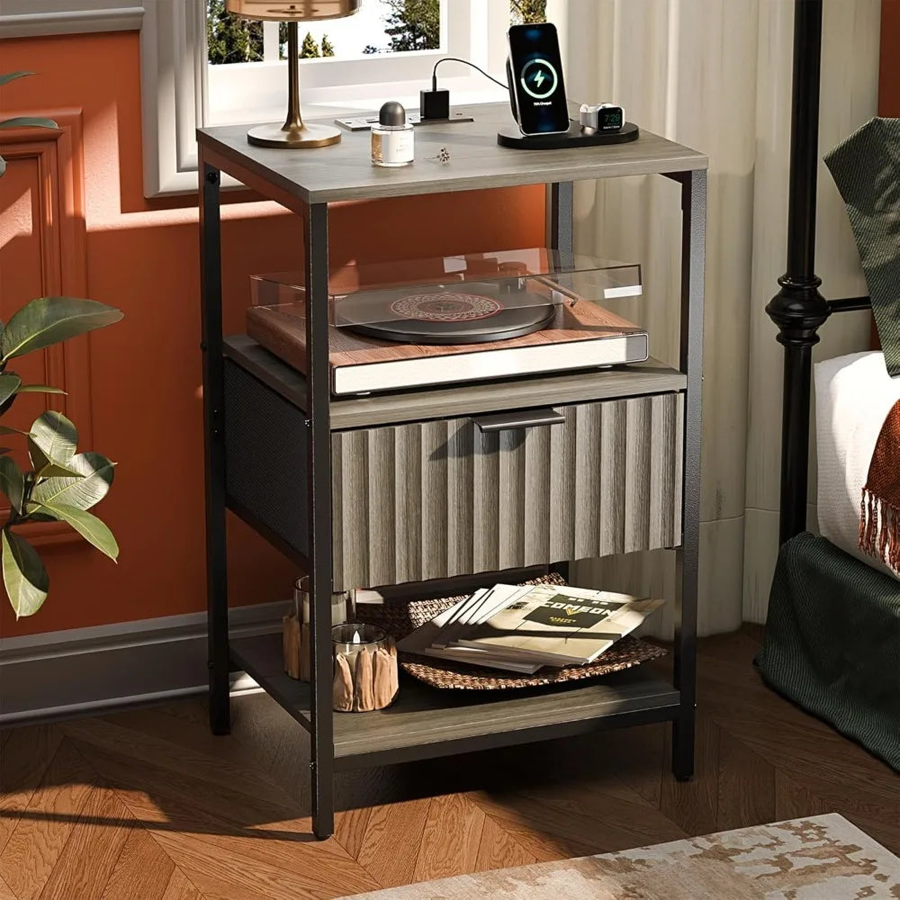 Nightstand With Charging Station And LED Light Mid Century Modern