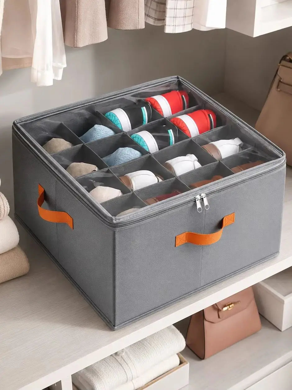 Foldable Shoe Storage Organizer With Clear Cover And Compartments