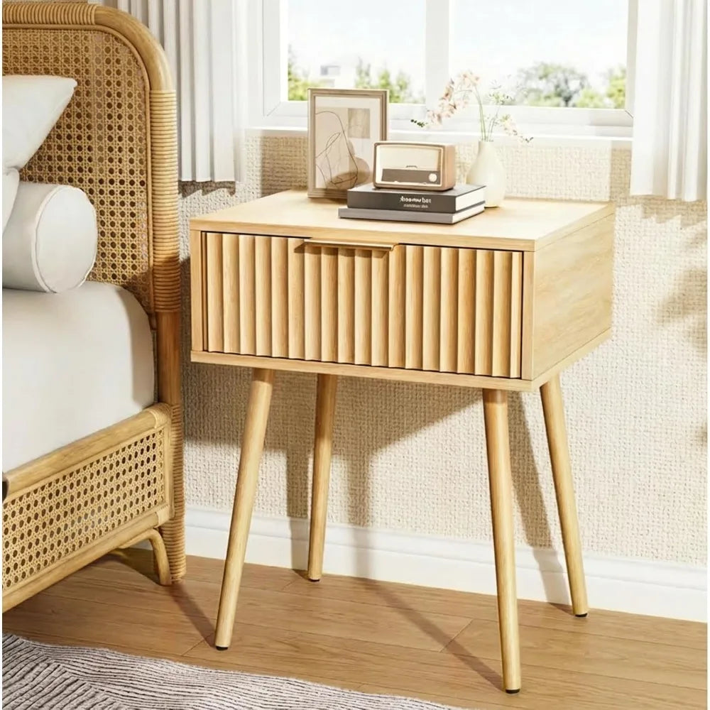 Nightstand With Charging Station And LED Light Mid Century Modern