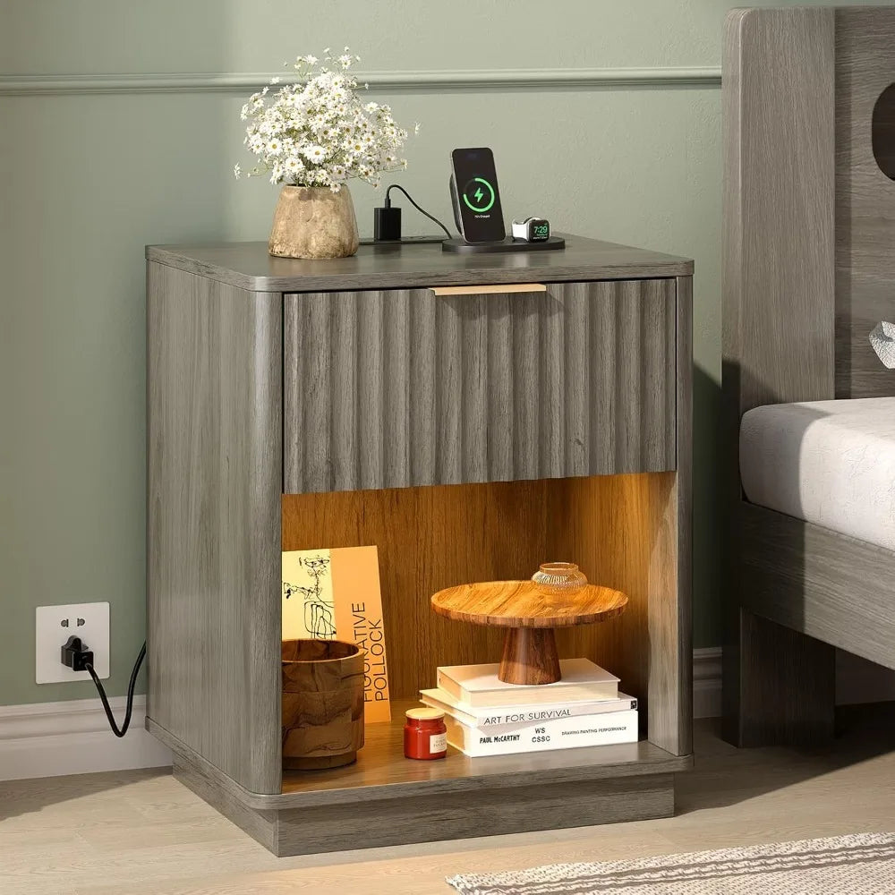 Nightstand With Charging Station And LED Light Mid Century Modern
