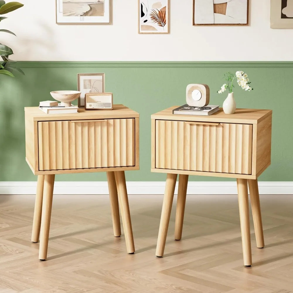 Nightstand With Charging Station And LED Light Mid Century Modern