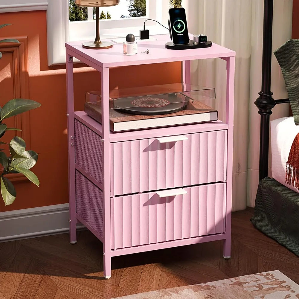 Nightstand With Charging Station And LED Light Mid Century Modern