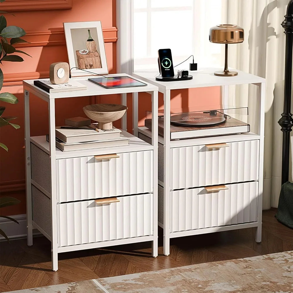 Nightstand With Charging Station And LED Light Mid Century Modern