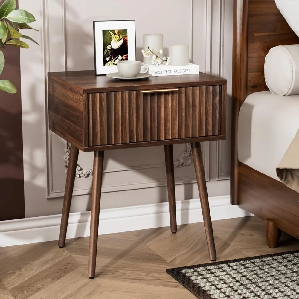 Nightstand With Charging Station And LED Light Mid Century Modern