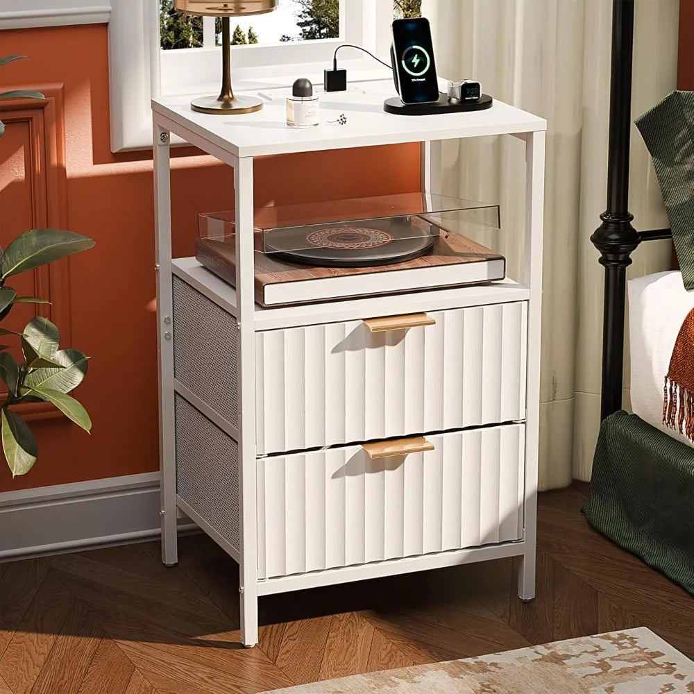 Nightstand With Charging Station And LED Light Mid Century Modern