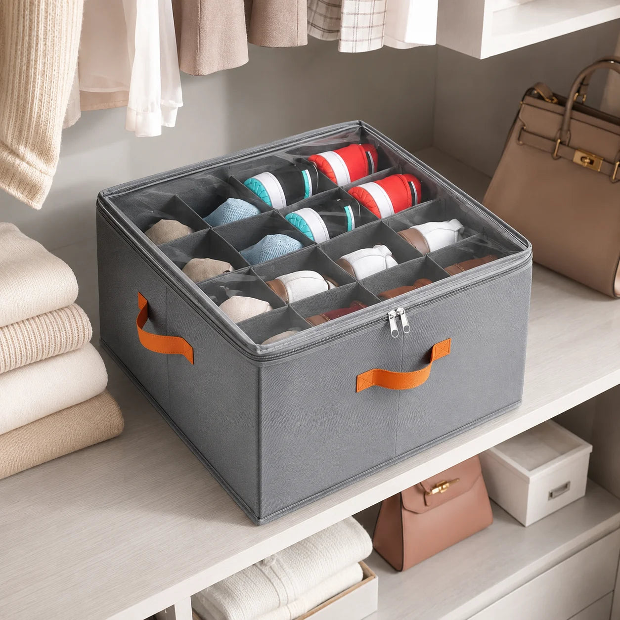 Foldable Shoe Storage Organizer With Clear Cover And Compartments
