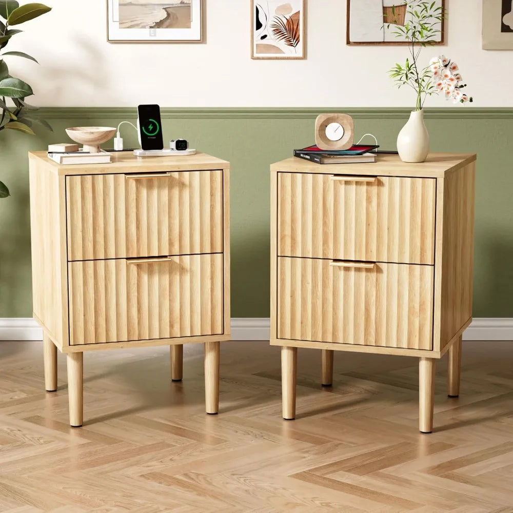 Nightstand With Charging Station And LED Light Mid Century Modern