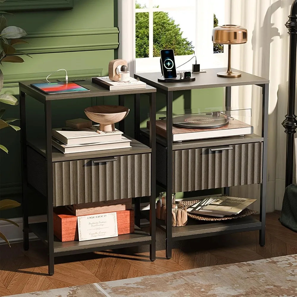 Nightstand With Charging Station And LED Light Mid Century Modern