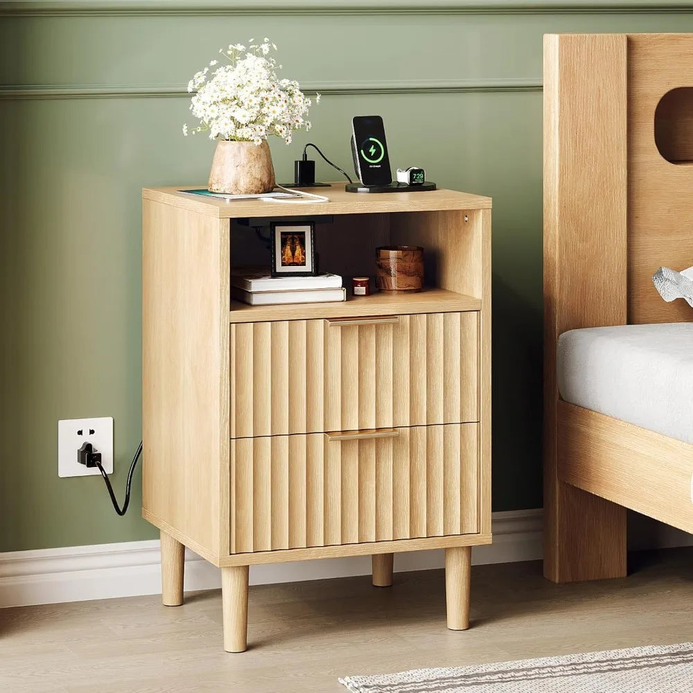 Nightstand With Charging Station And LED Light Mid Century Modern