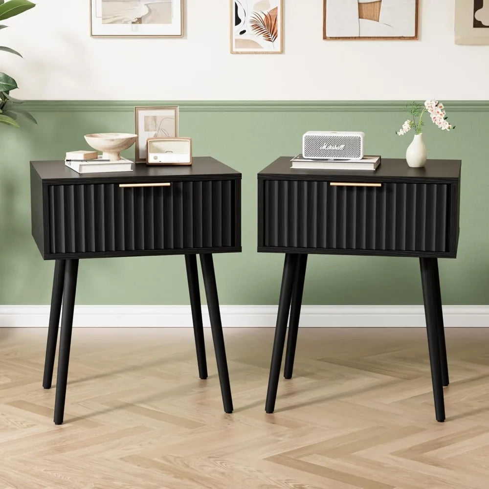 Nightstand With Charging Station And LED Light Mid Century Modern