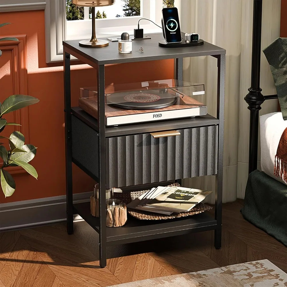 Nightstand With Charging Station And LED Light Mid Century Modern